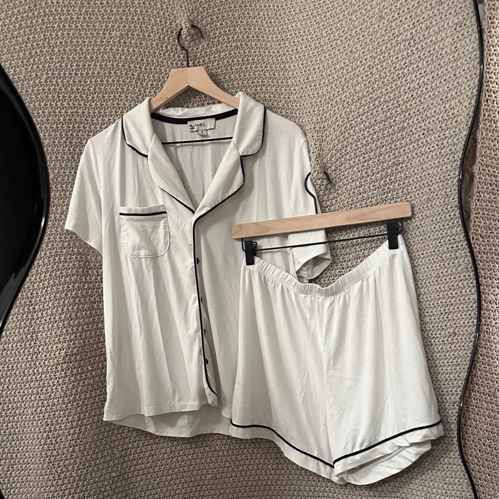 White with Black Trim Pajama Set Button Up and Shorts